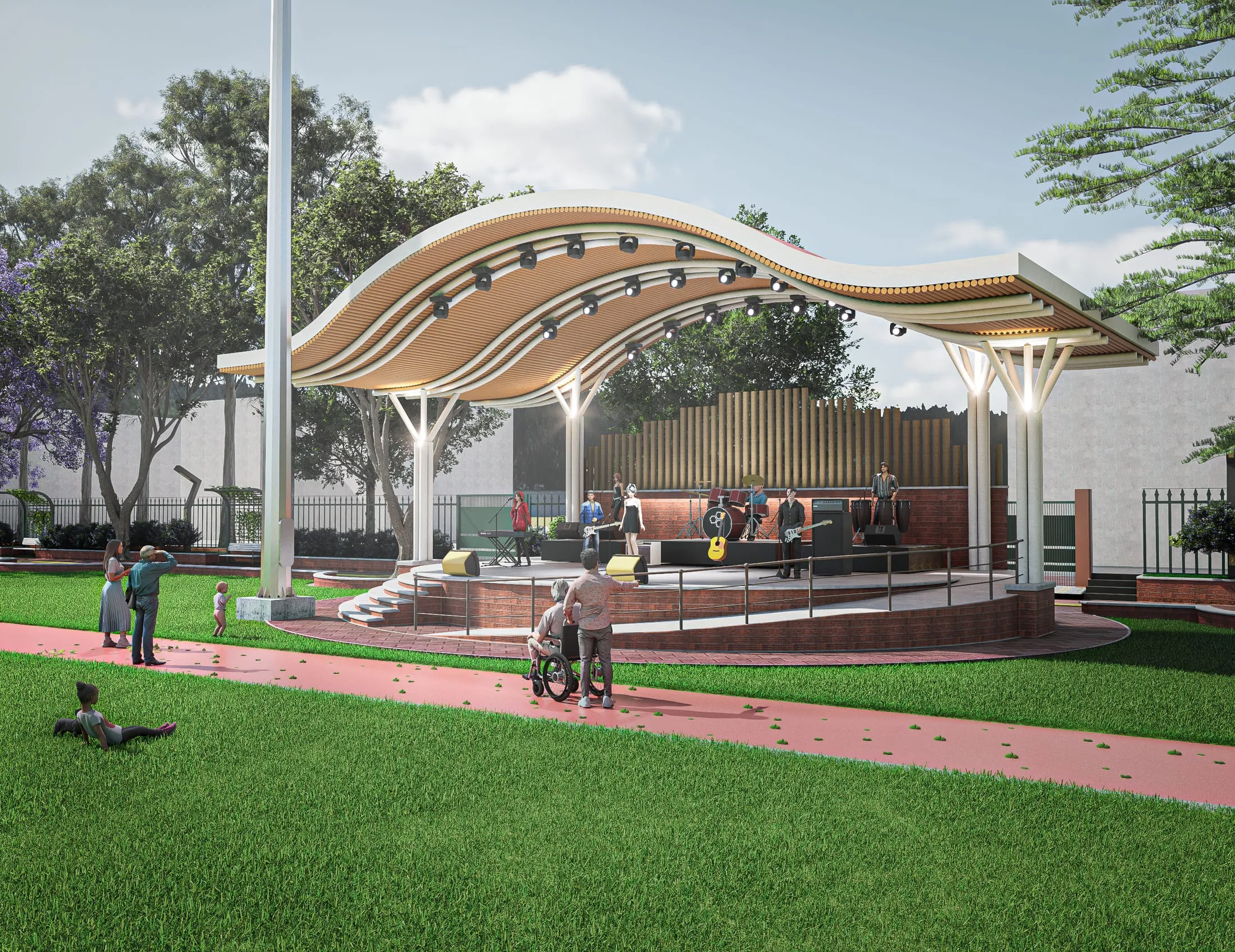Amphitheatre with wavy timber roof at Huprachaur