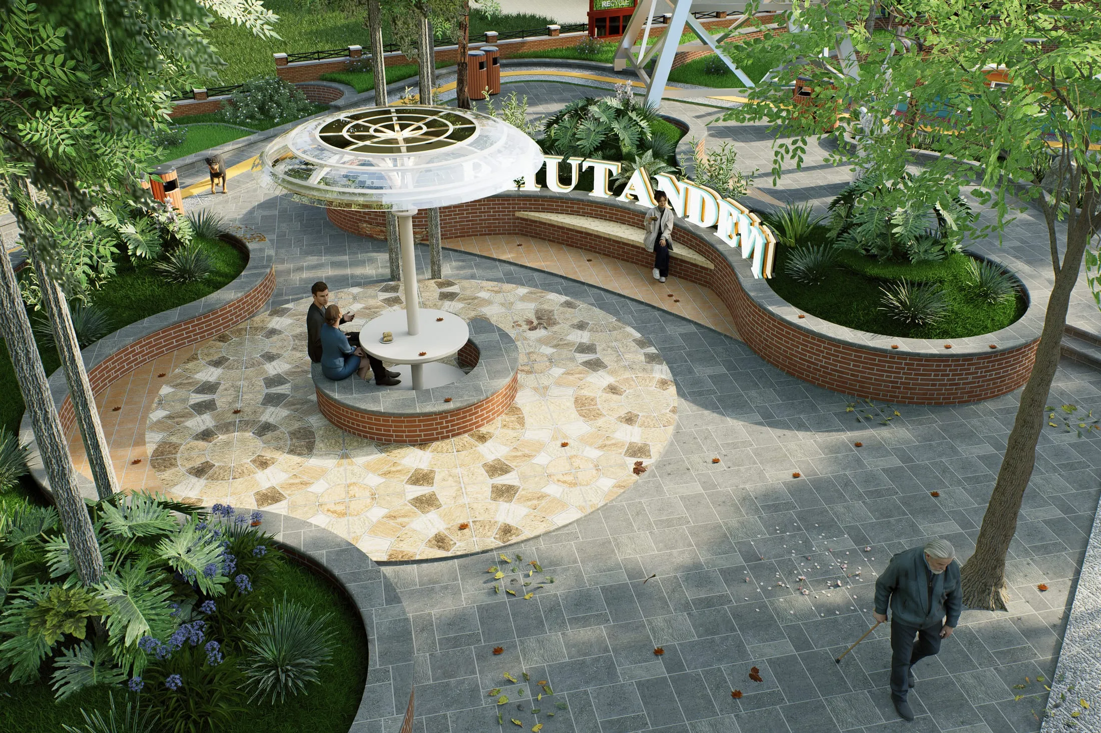 Brick planter rooms and garden paths
