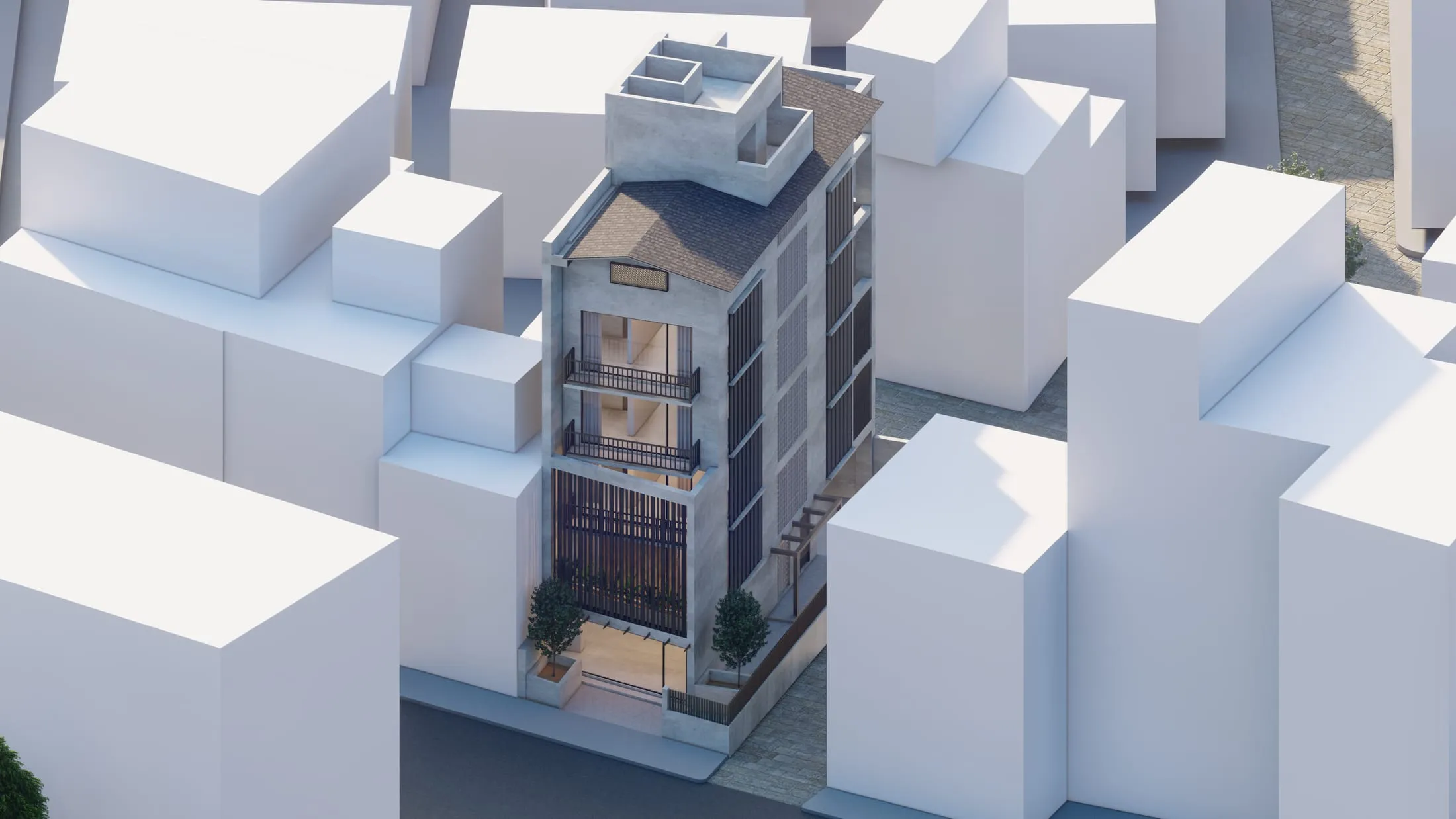 Facade and court view of the proposal