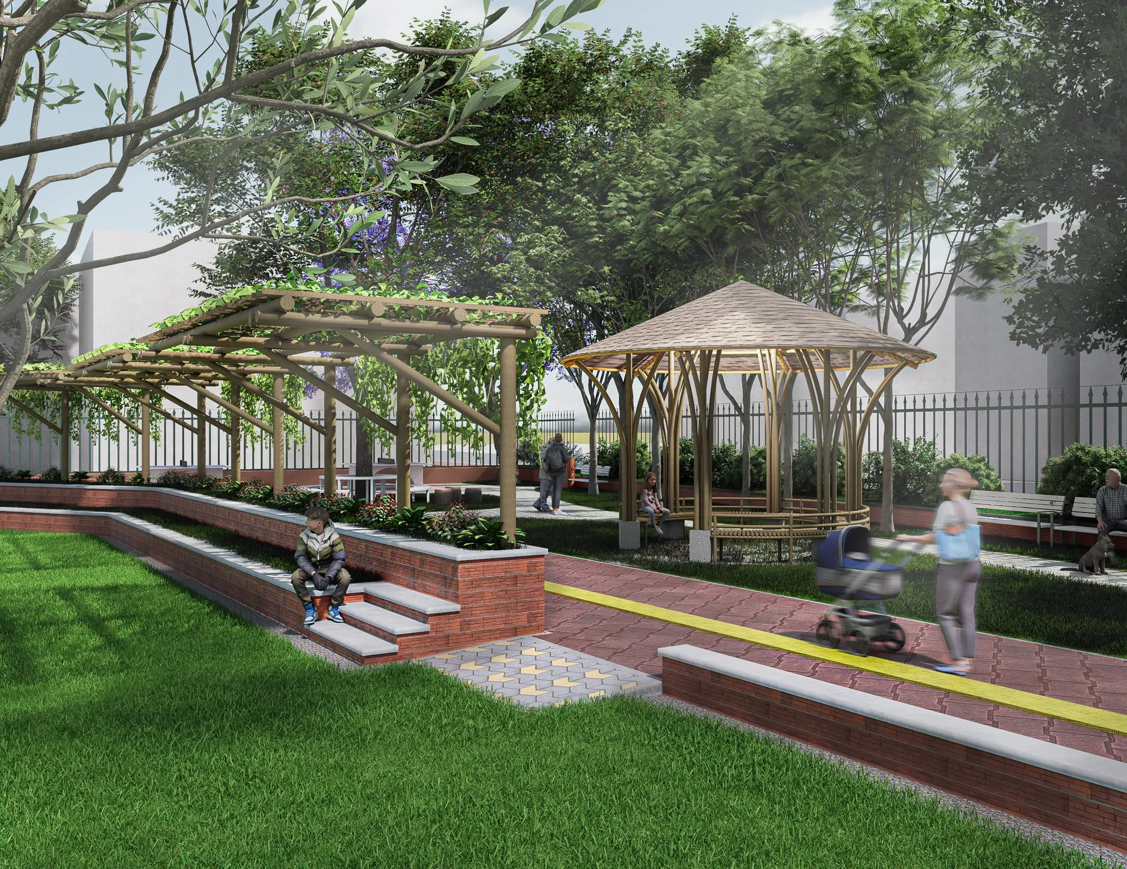 Covered gathering space at the park edge