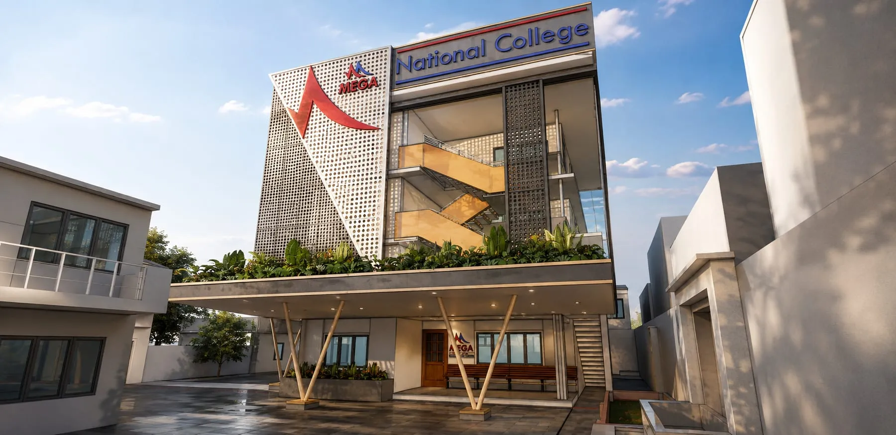 Exterior view of the college building from the street