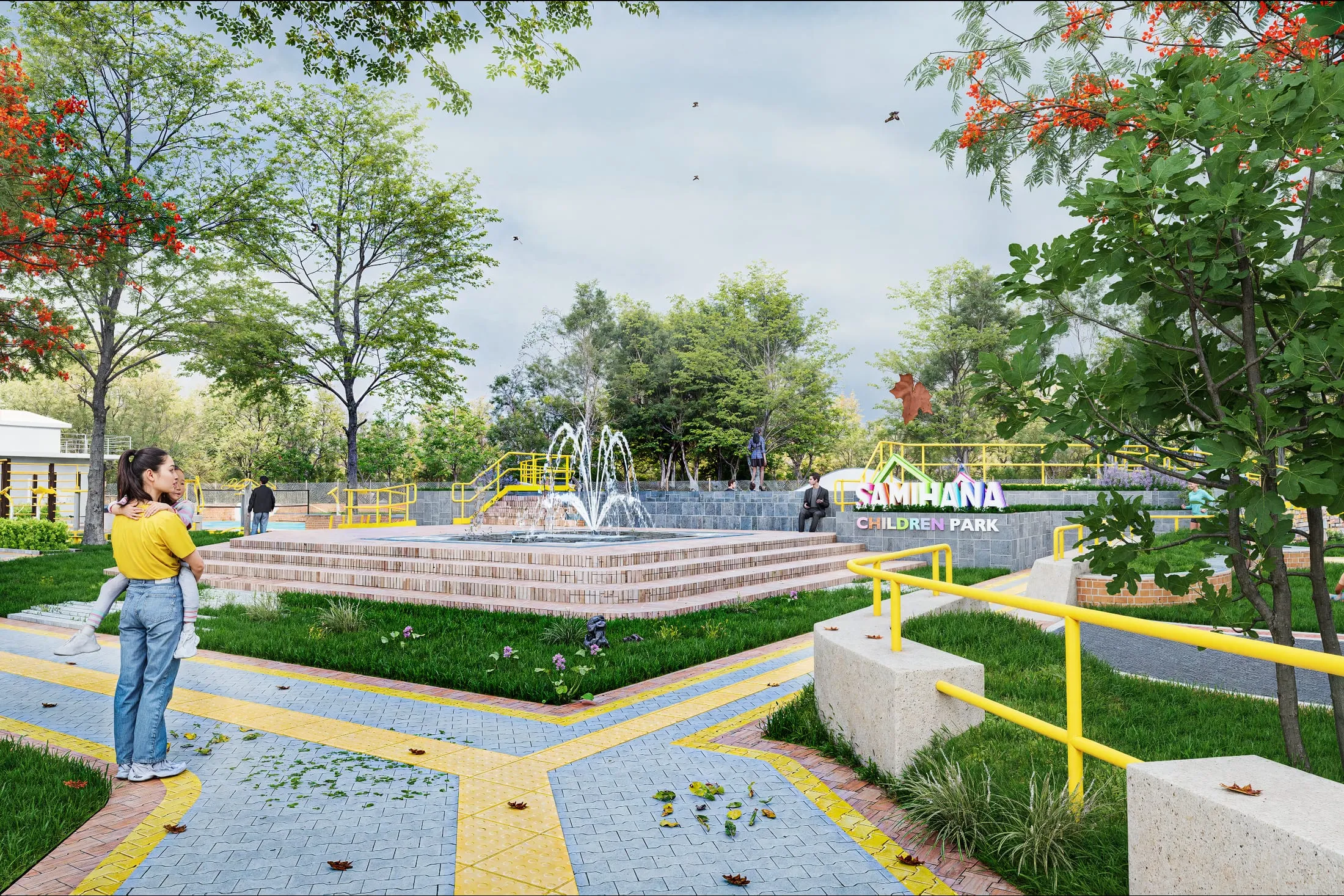 Evening view of the park's play structures