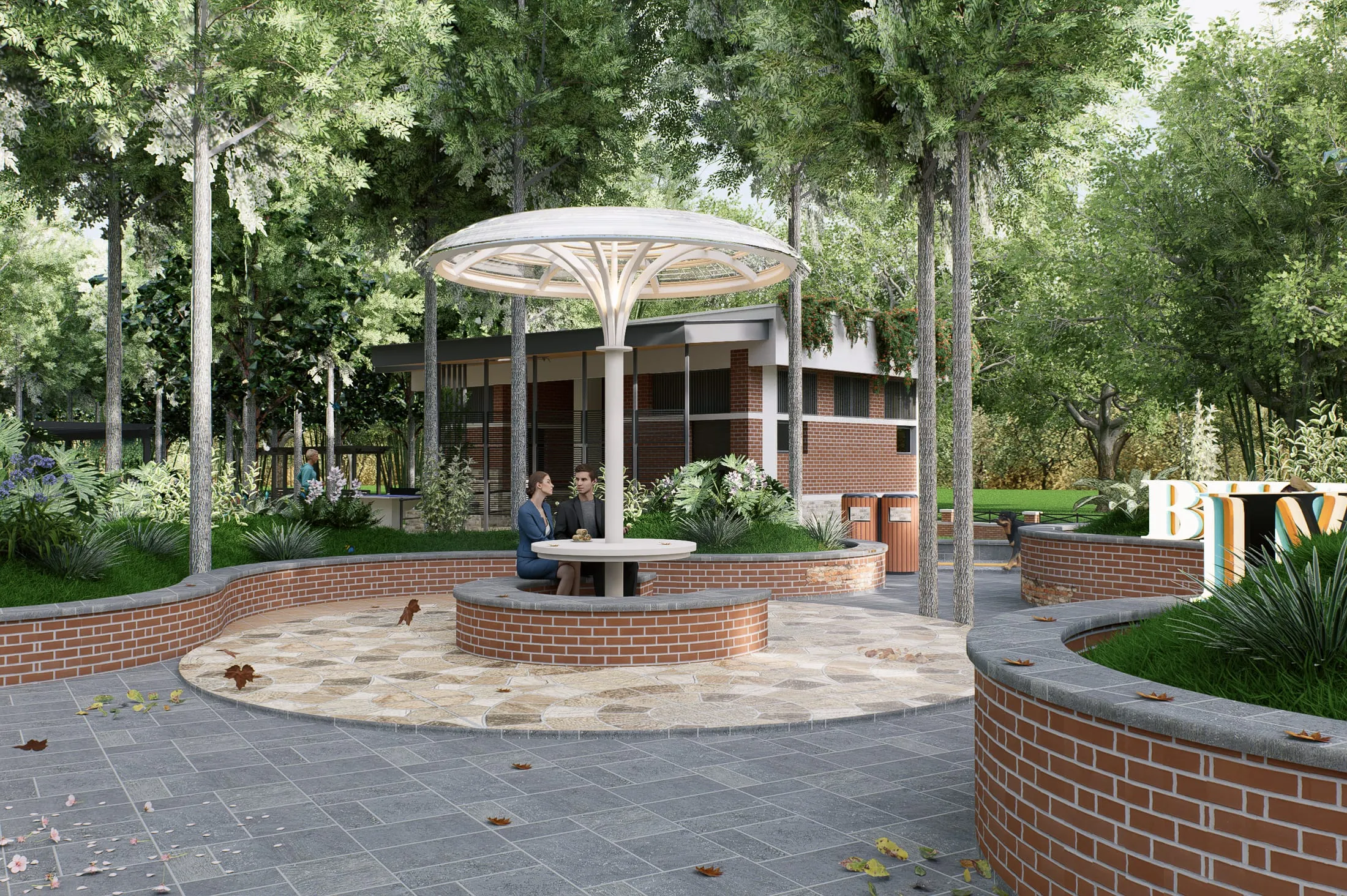 Canopy court with brick planters at Bhutandevi Park