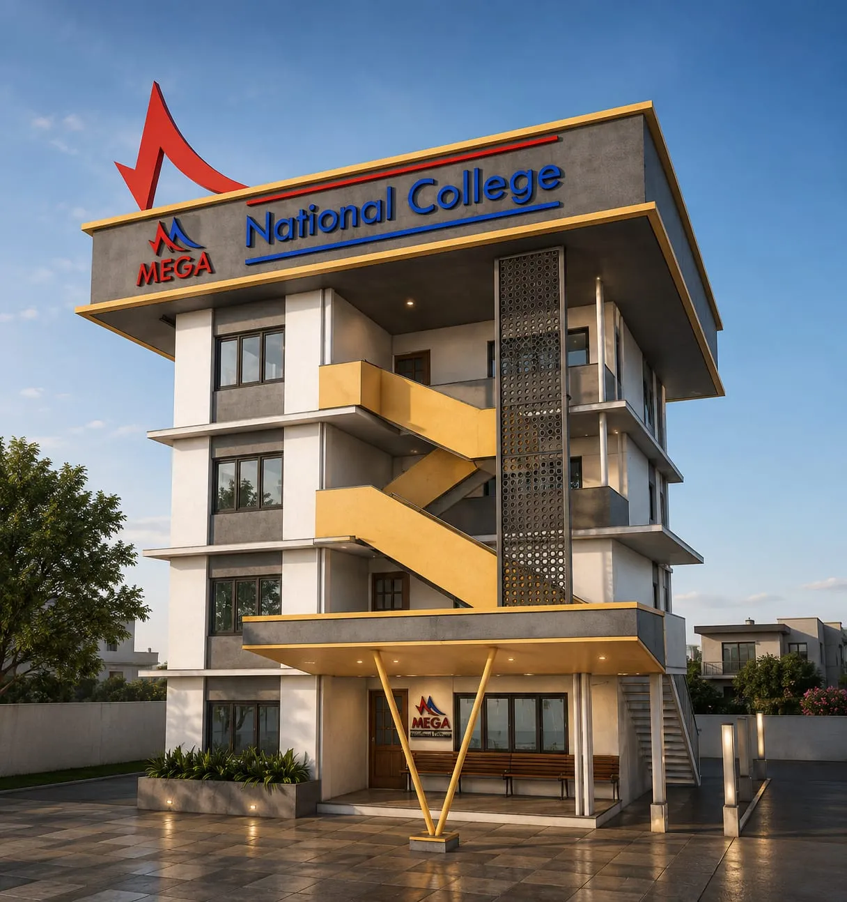 Corner view of the Mega National College building