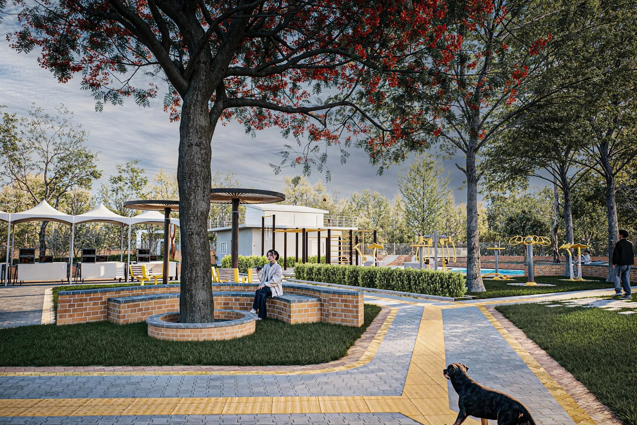 Street-level view of Samjhana Baal Udhaan children's park under a flowering gulmohar tree
